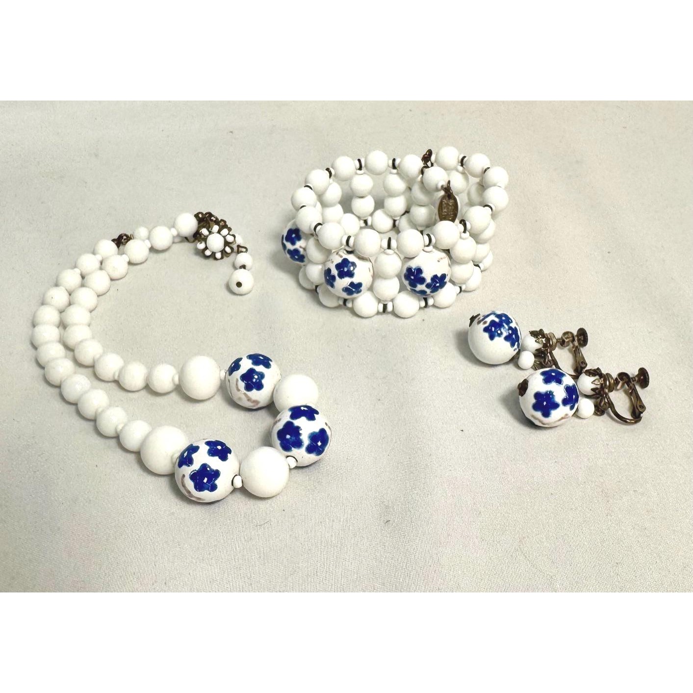 Miriam Haskell Necklace, Bracelet & Earrings, White Beads Hand Painted Floral